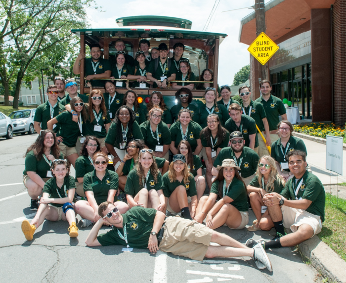 students at orientation on tram